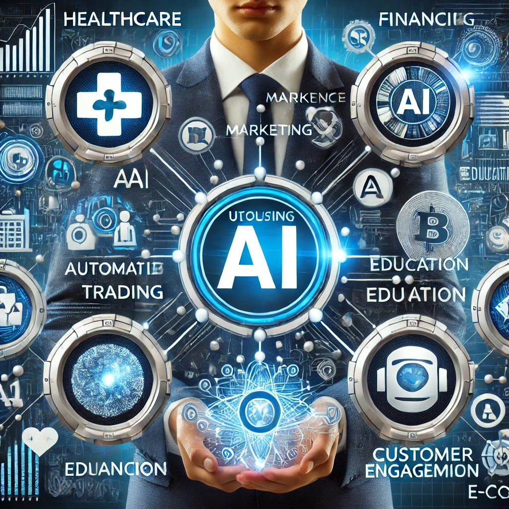 DALL·E 2025-02-10 00.37.10 - A professional collage of industries utilizing AI, including Healthcare, Marketing, Finance, Education, and E-commerce. Each industry should be repres